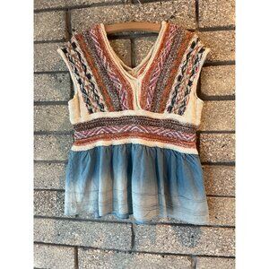 Pilcro XS Hand-Knit Multi-Color Top With Blue Ombre Hem